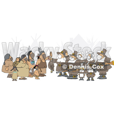 Cartoon Group of Pilgrims Wearing Masks and Offering a Dead Turkey to Native Americans © djart #1728619