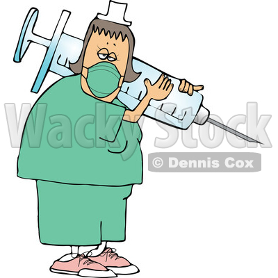 Cartoon Tired Nurse Wearing a Mask and Carrying a Giant Syringe © djart #1728622