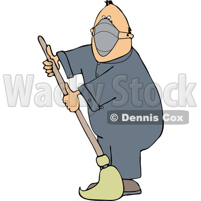 Cartoon Male Custodian Wearing a Mask and Mopping © djart #1739728