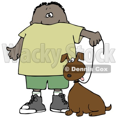 Clipart Illustration of a Little Hispanic or African American Boy Walking His Brown Mutt Dog On A Leash © djart #17555