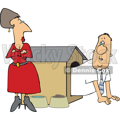 Cartoon Angry Wife Glaring at Her Husband in a Dog House © djart #1757850