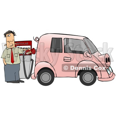 An Anxious Man Filling Up His Gas Hog Of A Vehicle, Possibly A Mini Van, That Is Pink, Has A Curly Tail And Snout And Resembles A Pig Clipart Illustration © djart #17610