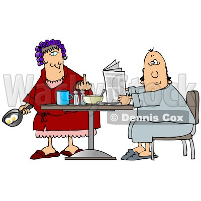 Angry Caucasian Woman, A Wife, With Her Hair Up In Curlers, Holding A Frying Pan With Two Eggs In It And Flipping Off Her Husband Clipart Illustration © djart #17634