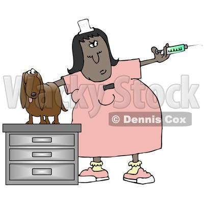 Clipart Illustration of a Nervous Wiener Dog On A Table, Looking At A Veterinary Technician Holding A Vaccine Syringe © djart #17652