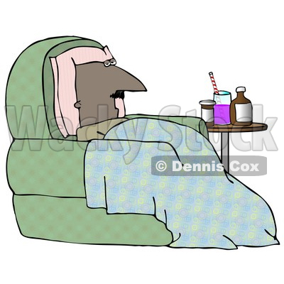 Clipart Illustration of an Ill Bald Middle Aged African American Man Resting His Head Against A Pillow And Lying Under A Blanket In A Green Chair With Medicine On A Table Beside Him © djart #17672