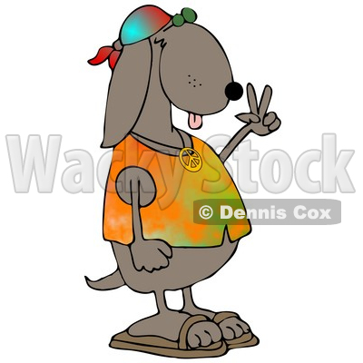 Cool Brown Hippie Dog In A Tye Die Shirt And Sandals And Flashing The Peace Sign Gesture Clipart Illustration © djart #17743