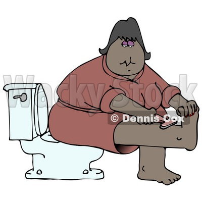 Clipart Illustration of a Middle Aged African American Woman In A Pink Robe, Sitting On A Toilet In A Bathroom And Shaving Her Leg © djart #17869