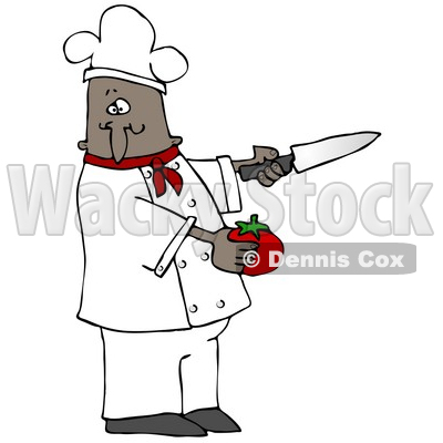 Clipart Illustration of a Black Male Chef in a Red Collared Chefs Jacket and White Hat, Preparing to Slice a Tomato While Cooking in a Kitchen © djart #18309