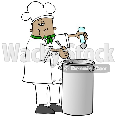 Clipart Illustration of a French or Hispanic Male Chef In A Green Collared Chefs Jacket And White Chef Hat, Seasoning Soup With A Salt Shaker And Stirring It While Cooking In A Kitchen © djart #18313