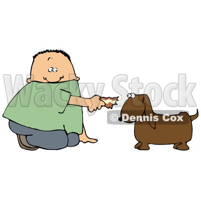 Clipart Illustration of a White Boy Kneeling To Feed A Brown Dog Human Food © djart #18446