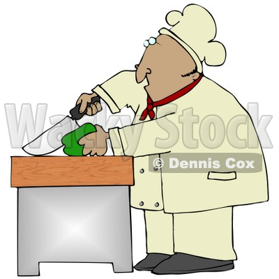Clipart Illustration of a Mexican Male Chef Carefully Slicing a Green Bell Pepper © djart #18766