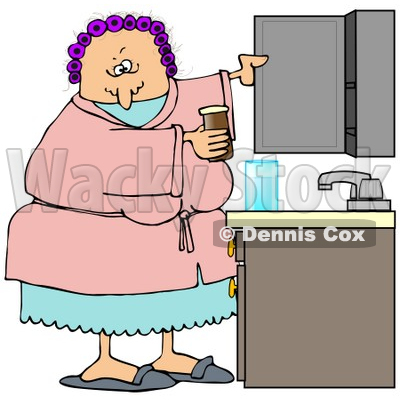 Clipart Illustration of a White Woman With Her Hair In Purple Curlers, Wearing A Pink Robe And Pjs, Putting Medicine Back In The Cabinet In Her Bathroom © djart #18853