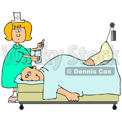 Clipart Illustration of a Female Caucasian Nurse In A Green Dress, Holding A Glass Of Water And A Pill For An Injured Caucasian Patient With His Foot Up In A Traction © djart #18860
