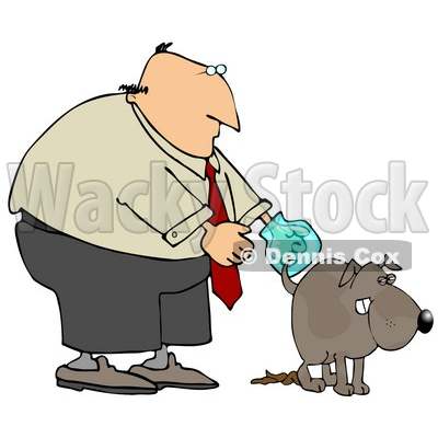 Clipart Illustration of a Bald Middle Aged White Man Wearing A Plastic Bag On His Hand, Waiting For His Dog To Finish Pooping So He Can Pick It Up © djart #18951