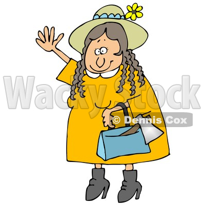 Clipart Illustration of a Woman, Lizzie Borden, Wearing A Straw Hat And Yellow Dress, Waving In A Friendly Manner As A Hatchet Sticks Out Of Her Purse © djart #19007