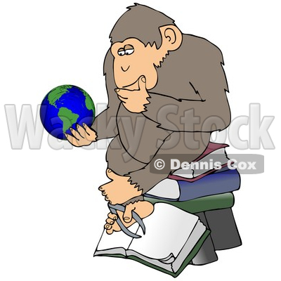 Clipart Illustration Of A Monkey In Thought, Sitting On Top Of A Stack Of Books And Staring At Planet Earth © djart #19391
