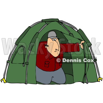 Clipart Illustration of a White Man Peeking Out From His Green Camping Tent © djart #19521