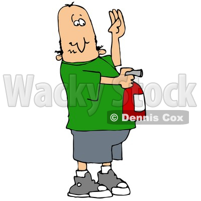 Clipart Illustration of a Nervous White Guy Holding His Hand Up And Using A Red Fire Extinguisher To Put Out A Fire © djart #19526