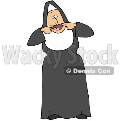 Clipart Illustration of a Playful Nun In Black And White, Using Her Hands To Pry Open Her Mouth As Big As She Can To Make Funny Faces © djart #19528