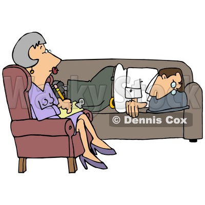 Clipart Illustration of a Depressed Man Lying On A Sofa In A Shrink's Office, Opening Up To A Middle Aged Psychiatrist Woman As She Takes Notes For His Files © djart #20020