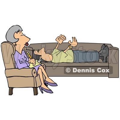 Clipart Illustration of a Patient Middle Aged Caucasian Woman, A Counselor, In A Purple Dress, Seated Cross Legged In A Chair While Listening To Her Client Vent About His Problems As He Lays On A Sofa In Her Office © djart #20021