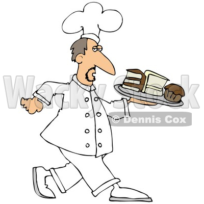Clipart Illustration of a Male Chef In White, Carrying A Tray Of Desserts In A Bakery © djart #20304