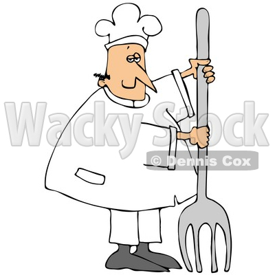 Clipart Illustration of a Pleased White Chef Man In Uniform, Standing With A Large Fork In Front Of Him © djart #21140