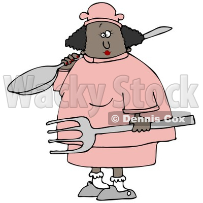 Clipart Illustration of a Black Chef Woman In A Pink Uniform And Chefs Hat, Carrying A Large Fork And A Spoon On Her Shoulder © djart #21141