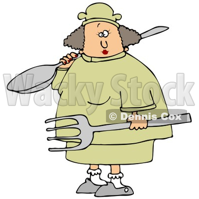 Clipart Illustration of a White Chef Woman In A Yellow Uniform And Chefs Hat, Carrying A Large Spoon And Fork In A Kitchen © djart #21142