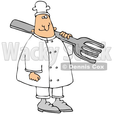 Clipart Illustration of a Happy White Chef Wearing A Hat, Carrying A Large Fork Over His Shoulder © djart #21144