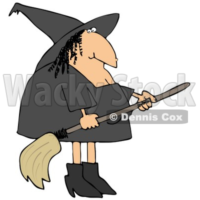 Clipart Illustration of a Fat Female Witch With A Wart On Her Nose, Wearing Black And Holding A Broom Stick © djart #22006