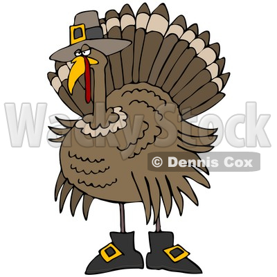 Clipart Illustration of a Silly Thanksgiving Turkey Bird In Pilgrim Boots And A Hat, Hiding From Hunters © djart #24999