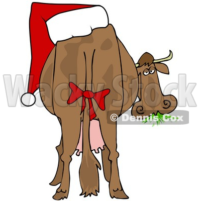 Clipart Illustration of a Brown Dairy Cow With A Red Bow On Its Tail And A Santa Hat On Its Butt, Grazing On Grass And Looking Back © djart #25832