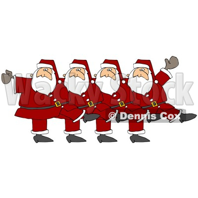 Clipart Illustration of Five Santas In Uniform, Kicking Their Legs Up While Dancing In A Chorus Line © djart #26328