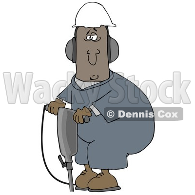 Clipart Illustration of a Black Man In A Hardhat And Ear Muffs, Operating A Jackhammer At A Construction Site © djart #27796