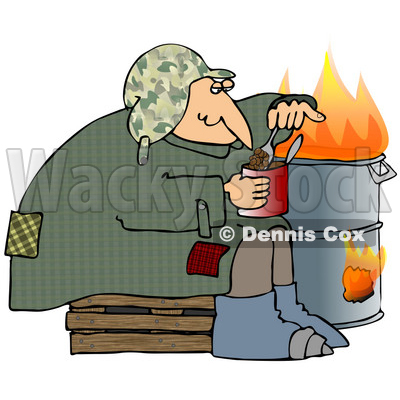 Clipart Illustration of a Homeless Caucasian Man Eating Beans Out Of The Can While Sitting Beside A Fire In A Trash Can © djart #28208