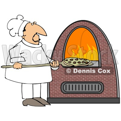 Clipart Illustration of a Chef Inserting A Pepperoni Pizza Into A Brick Pizza Oven With Orange Flames On The Inside © djart #28961