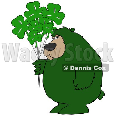 Clipart Illustration of a Big Green Bear Standing And Holding A Bunch Of Green Clover Saint Patricks Day Balloons. © djart #30276