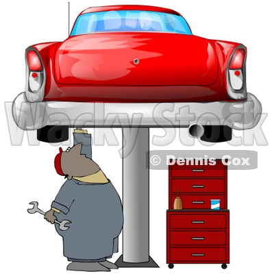 Clipart Illustration of a Black Male Mechanic Holding A Wrench And Working On A Red Classic Car Up On A Lift In A Garage © djart #31523