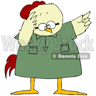 Clipart Illustration of a Fretting Chicken In A Green Shirt, Pointing Up To The Right © djart #32383