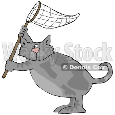 Clipart Illustration of a Gray Cat Standing On Its Hind Legs And Holding Up A Fishing Net © djart #32388