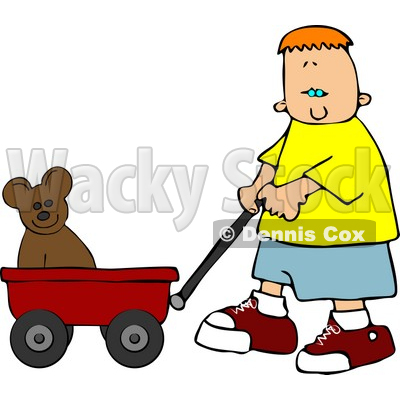 Boy Pulling His Teddy Bear in a Red Toy Wagon Clipart © djart #4194