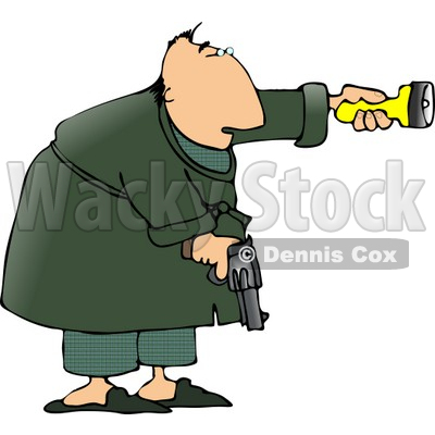 Alert Man at Night, Pointing a Flashlight and Holding a Pistol Clipart © djart #4202