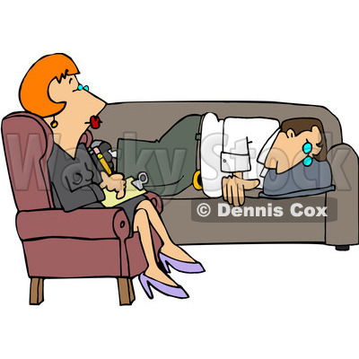 Royalty-Free (RF) Clipart Illustration of a Red Haired Psychotherapist Listening To A Depressed Man © djart #434420