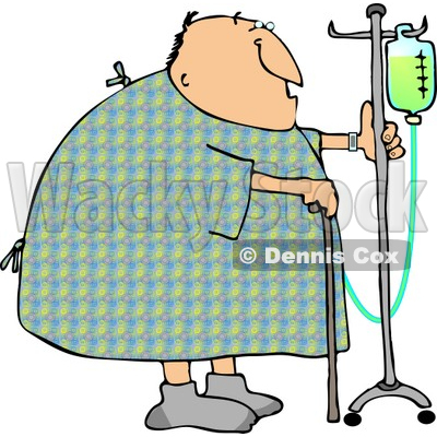 Recovering Male Hospital Patient Walking Around with a Cane and an Intravenous Injection Drip Line Stroller Clipart © djart #4772