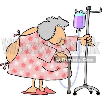 Obese Elderly Woman Walking Around with a Cane While Attached to a Portable Intravenous Drip Line Clipart © djart #4794