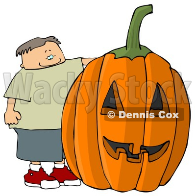 Happy Boy Standing Beside a Big Pumpkin Carved Into a Jack-o'-lantern for Halloween Clipart © djart #4863