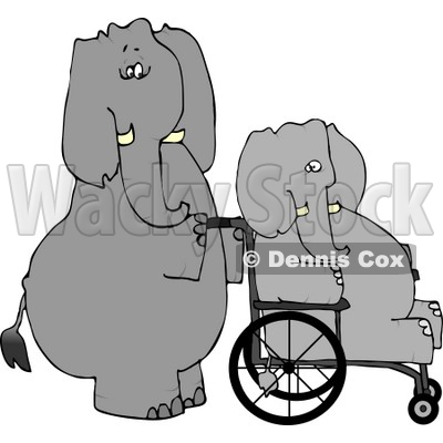 Human-like Caretaker Elephant Pushing Injured Elephant in a Wheelchair Clipart © djart #4883