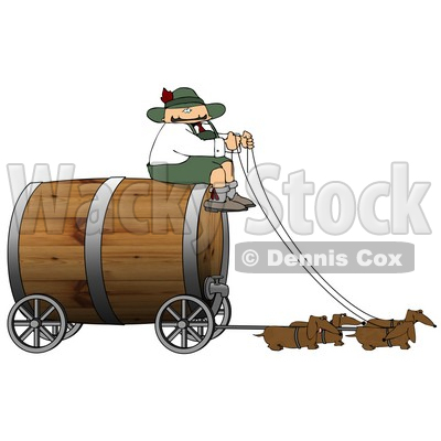 Humorous German Man Guiding Weiner Dogs Pulling an Oversized Wooden Beer Keg Wagon Clipart - Oktoberfest © djart #5240