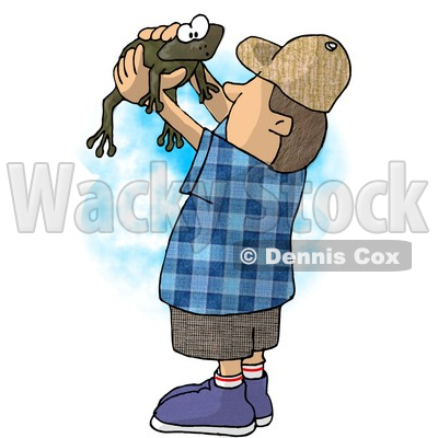 Boy Holding and Looking at a Wild Green Frog in His Hands Clipart Illustration © djart #5659